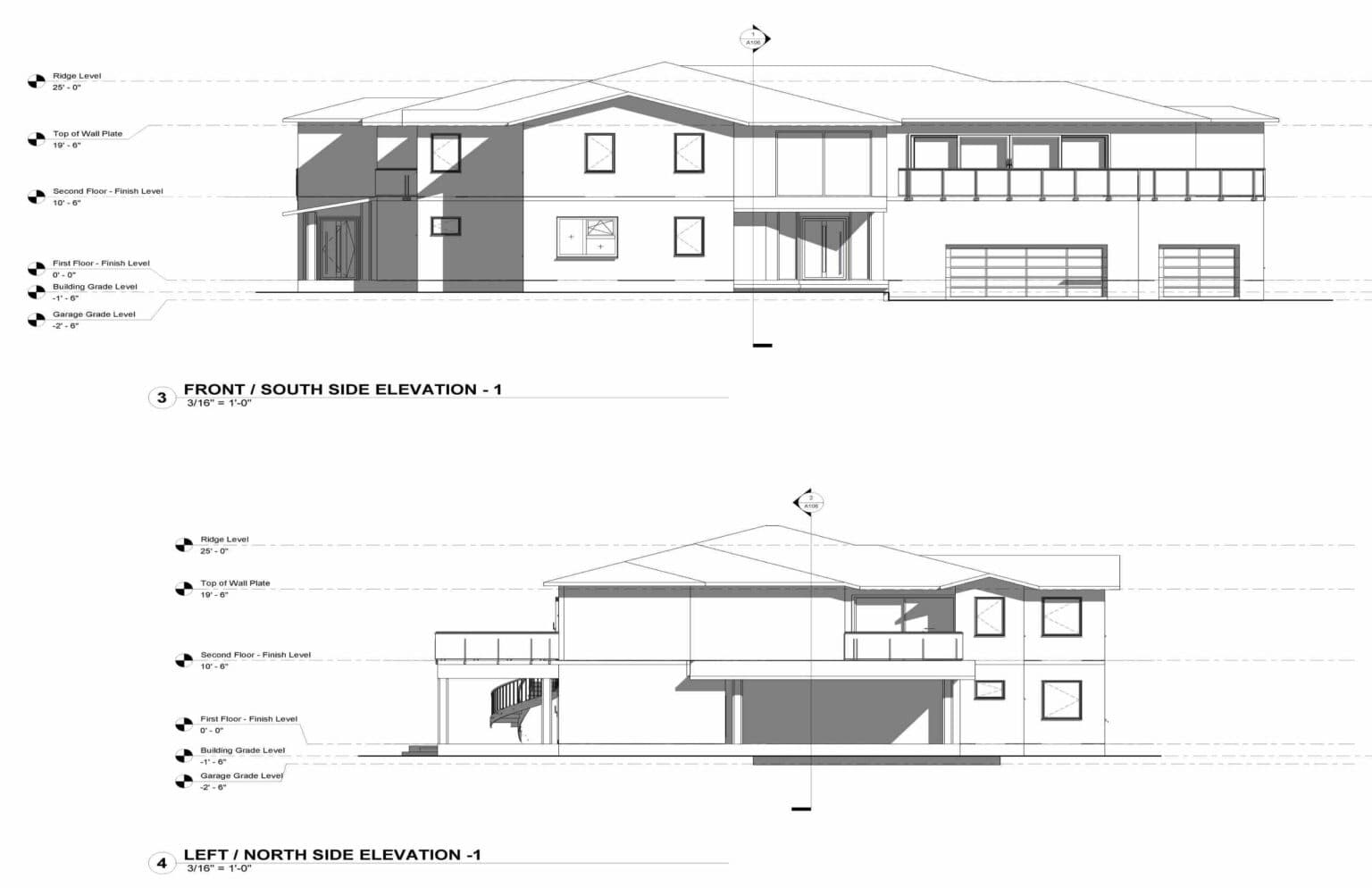 2D CAD elevation drawing showing exterior building facade details