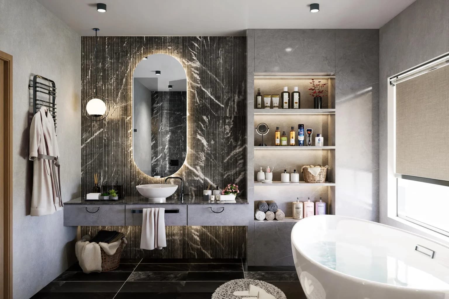 Photorealistic 3D render of a modern bathroom interior with tile and lighting detail