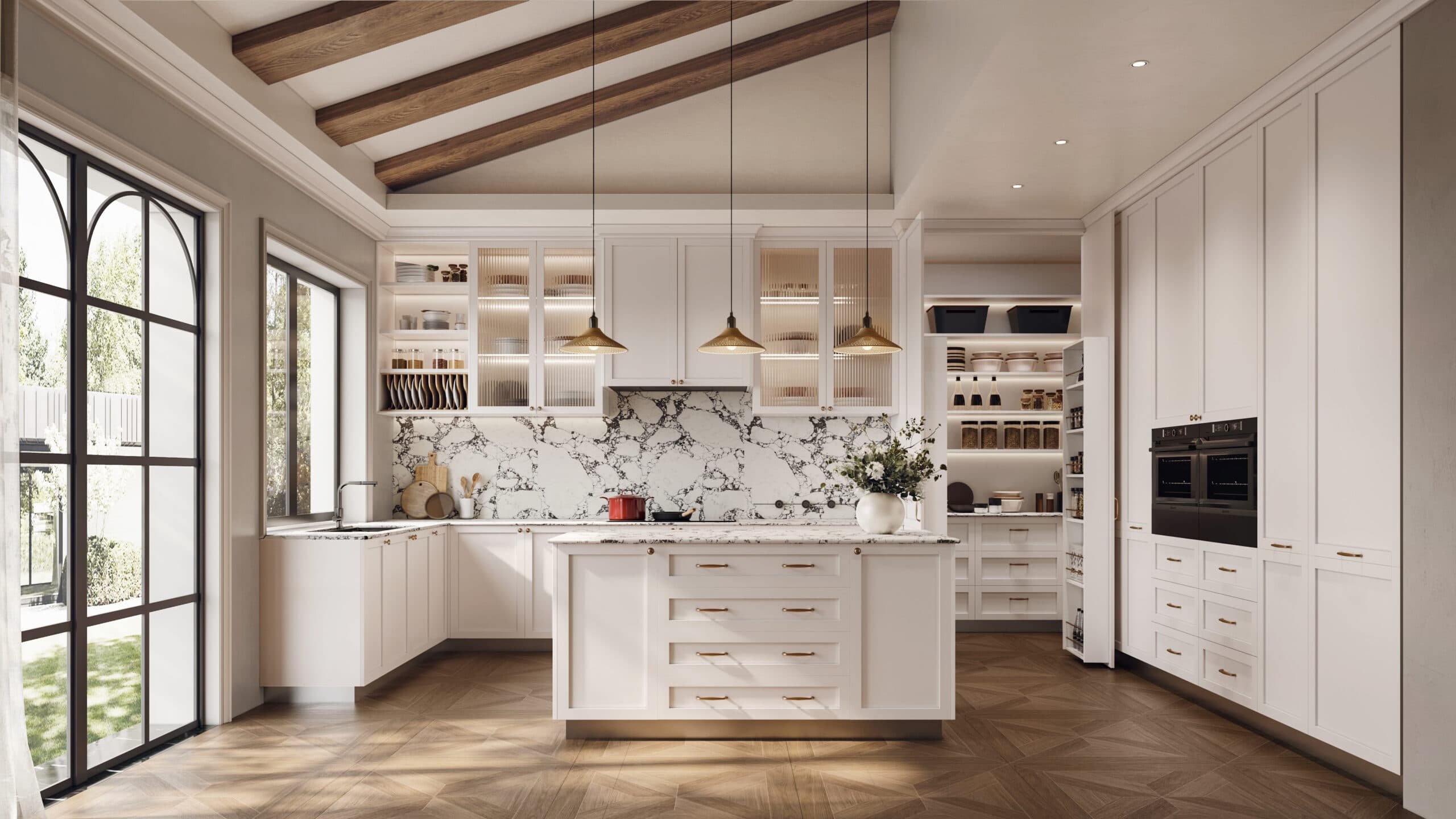 Kate series kitchen, cabinet doors open showing interior storage