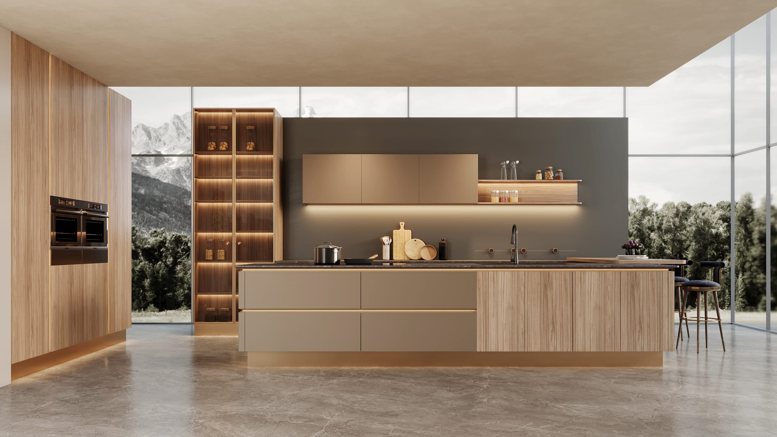 Louvre series kitchen in amber oak finish