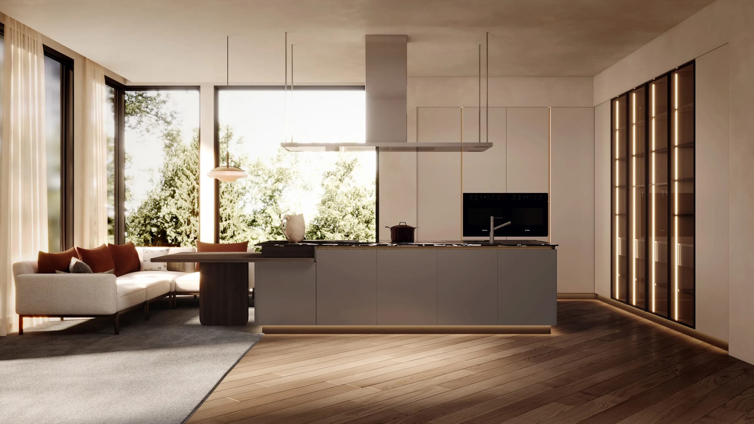 Luna series kitchen with warm wood cabinetry